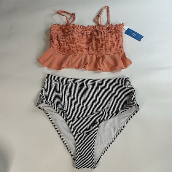 Cupshe High Waist Swimsuit Womens Large Peplum Coral Tankini Striped Modest - Picture 1 of 7